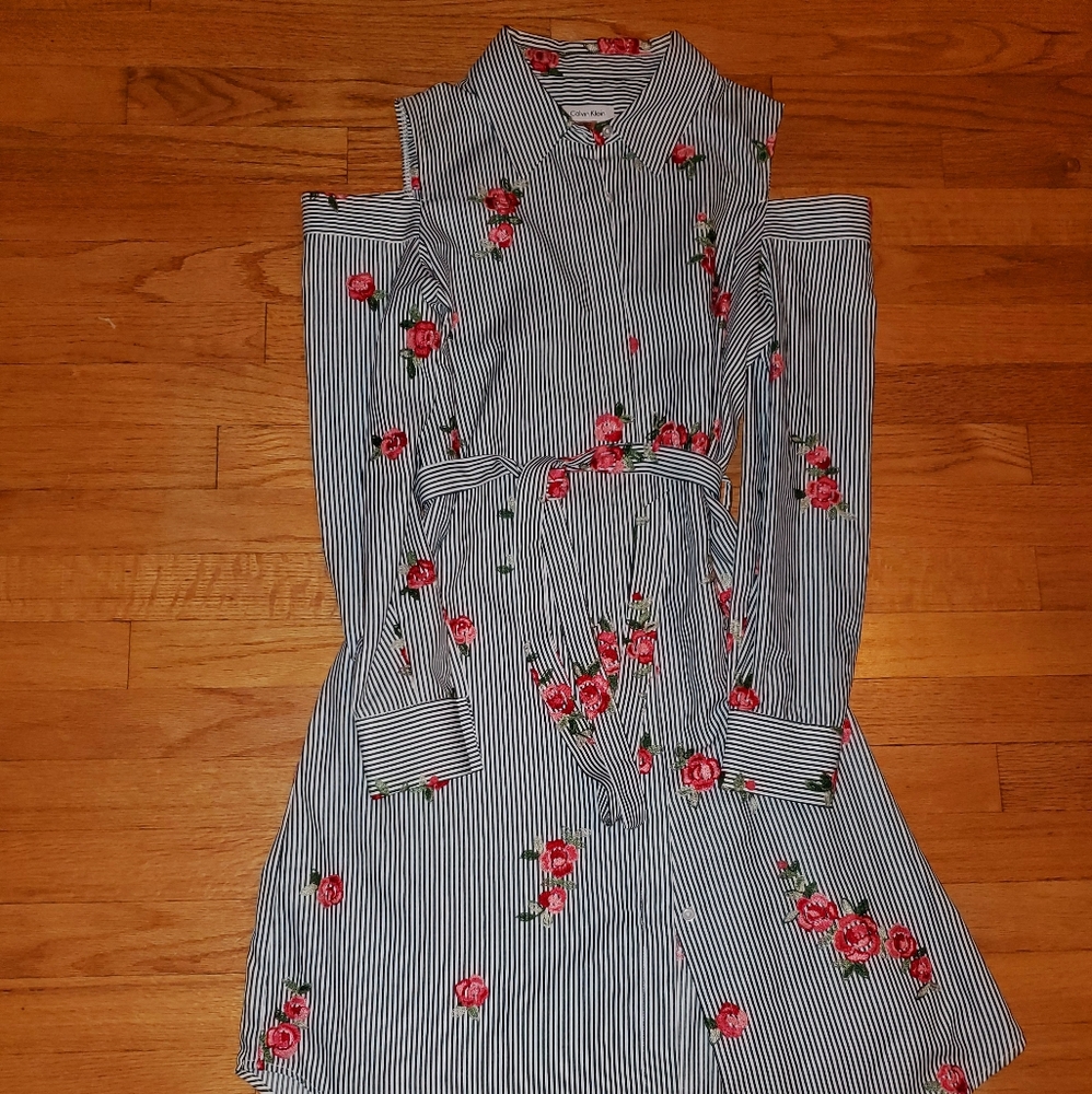 Calvin Klein Floral Open Shoulder Belted Dress